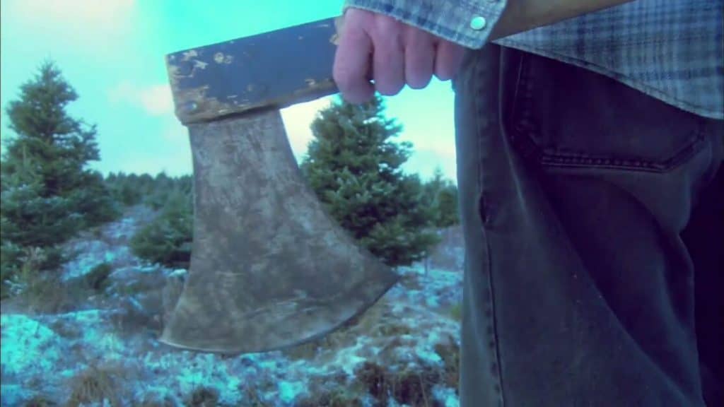 A person holds a large, weathered axe beside their leg, embodying the essence of an unconventional holiday horror. Standing in a snowy landscape with evergreen trees behind them, they wear dark pants and a plaid shirt, set against the season's cool, bluish tint.