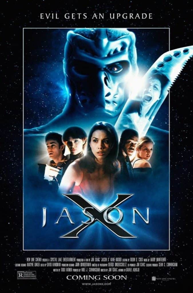 Movie poster for "Jason X" featuring a metallic mask above a knife. Below, a group of five people stands in the foreground with an ominous blue background. The tagline reads, "Evil Gets an Upgrade.