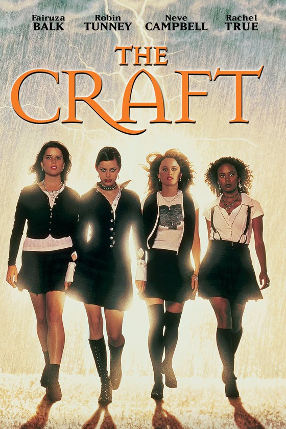 Four teenage girls in black skirts and white shirts walk forward confidently under a stormy sky, with the title "The Craft" above them and the names of four actresses at the top.