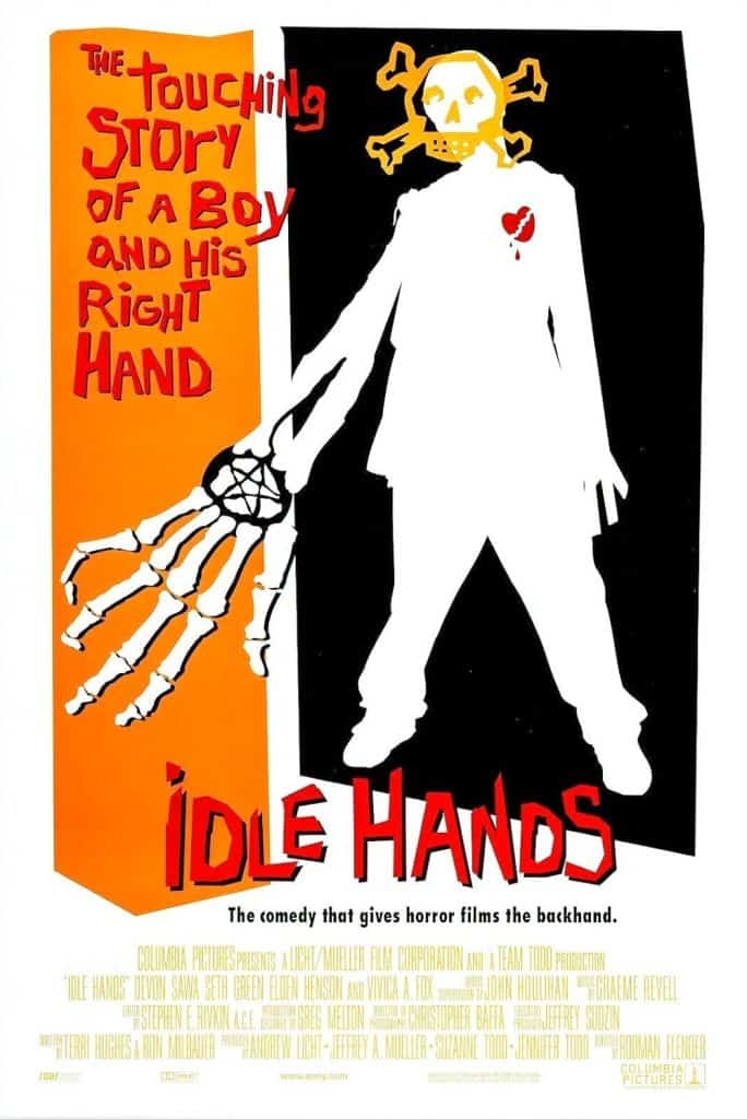 Poster for the film "Idle Hands" shows a white silhouette of a boy with a skull head and a skeletal right hand. Red and yellow comic-style text reads: "The touching story of a boy and his right hand.