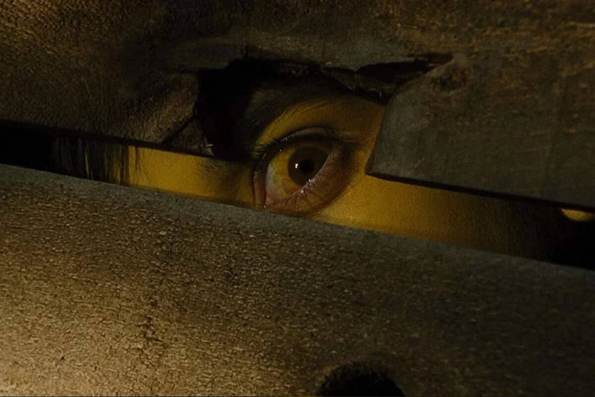 A close-up of a person's eye peeking through a narrow, jagged hole in a wooden surface, with dim lighting creating suspense and mystery, reminiscent of the chilling scenes in the 2006 horror movie Black Christmas.