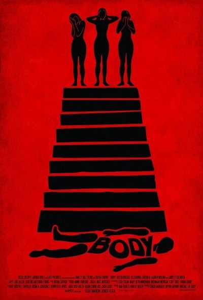 A red poster shows three silhouetted figures at the top of a staircase, each with hands covering their ears, eyes, or mouth. At the bottom, a body lies sprawled next to the word "BODY.
