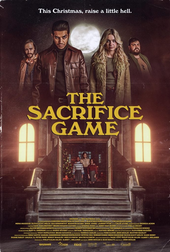 A movie poster for "The Sacrifice Game" shows four serious-looking characters under a full moon above the film's title, echoing the chilling vibe of a Black Christmas remake. Below, two girls stand in a festively decorated doorway. Tagline: "This Christmas, raise a little hell.