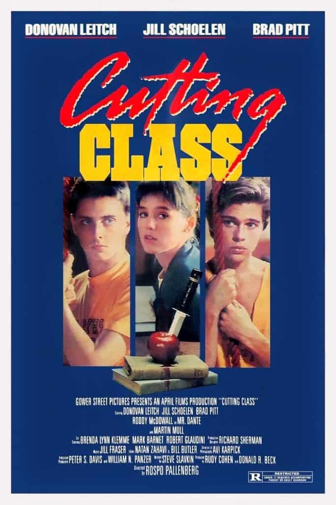 Movie poster for "Cutting Class" featuring three teens—two boys and a girl—against a blue background. The film's title is in bold, red handwritten text above their heads, with cast names at the top.