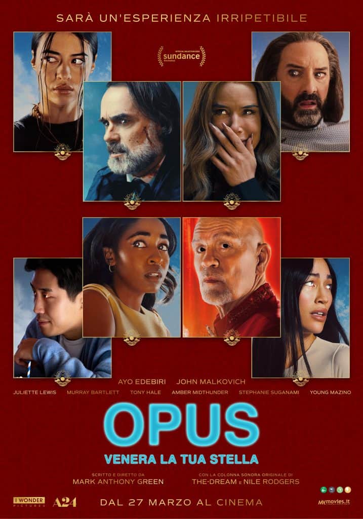 A movie poster for "Opus" features nine actors’ portraits in a grid, with a red background and gold text. The film credits and release date, March 27, are shown at the bottom along with festival and studio logos.
