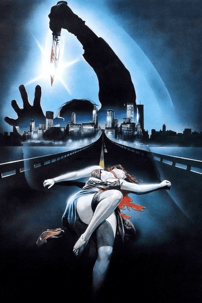A dramatic illustration shows a woman lying on a road, blood pooling from her chest, as the shadowy figure of the New York Ripper looms above her with a bloody knife, set against a brooding city skyline in the background.