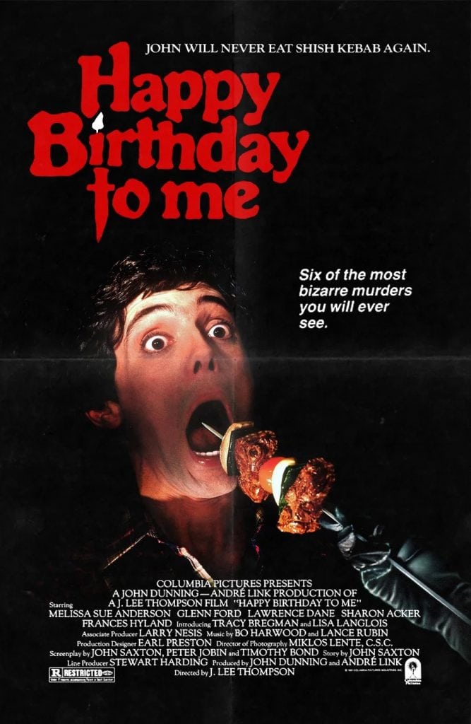 A frightened person with wide eyes holds a shish kebab near their open mouth. Bold red text reads "Happy Birthday to Me," turning this Birthday Celebration into a chilling affair. Taglines tease bizarre murders and shish kebab. Movie credits line the bottom.