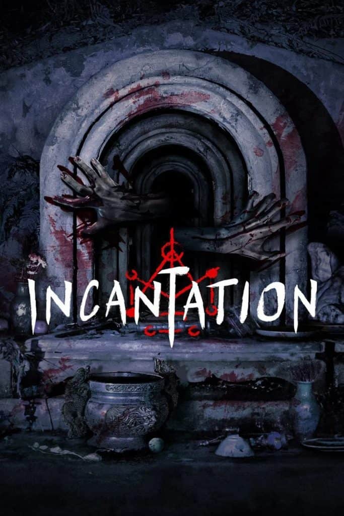 A dark, eerie altar with bloody handprints and crossed arms is shown. The word "INCANTATION" appears in bold white letters, with occult symbols in red. The scene has a sinister, supernatural atmosphere.