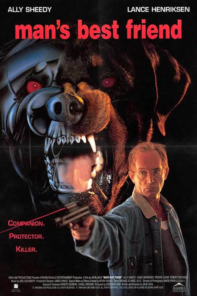A movie poster for "Man’s Best Friend" shows a large, snarling dog with glowing red eyes, and a man pointing a gun in the foreground—an intense scene far from your typical Happy Birthday celebration. Tagline: "Companion. Protector. Killer.