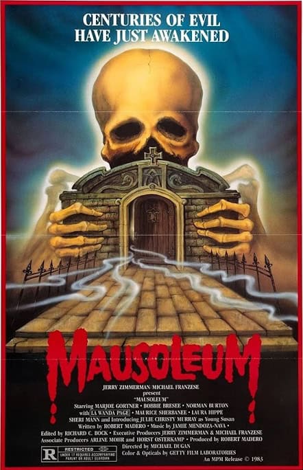 A movie poster for "Mausoleum" shows a large skull above a crypt entrance, with skeletal hands gripping the roof. Ghostly mist swirls toward the crypt, setting a chilling scene for a spooky Birthday Celebration. The title "Mausoleum" appears in red, drippy letters at the bottom.
