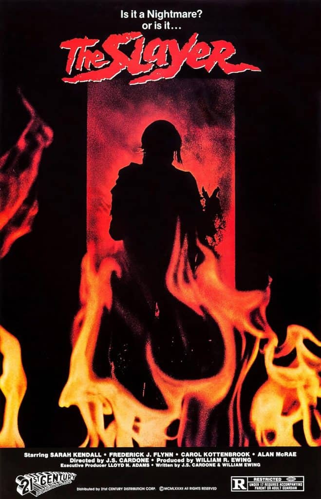A shadowy figure stands surrounded by red flames on a black background. White text above reads, "Is it a Nightmare? or is it... The Slayer." A twisted birthday celebration unfolds—cast and credits are listed at the bottom.