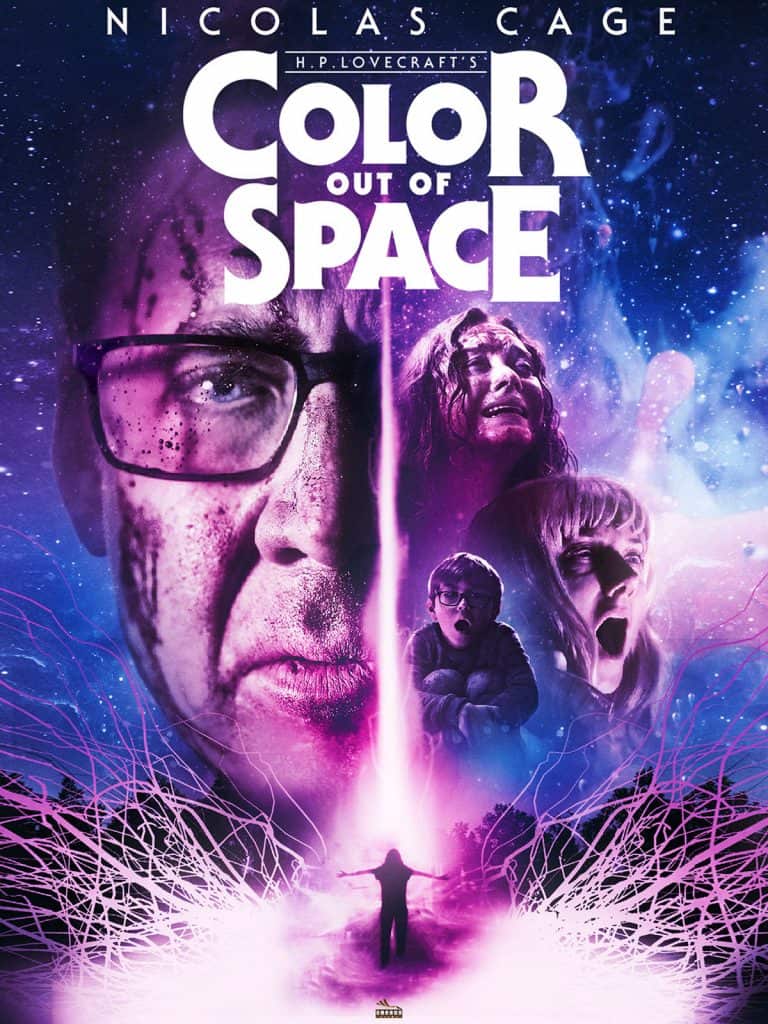 Movie poster for the H.P. Lovecraft-inspired sci-fi horror "Color Out of Space" featuring Nicolas Cage’s face blended with a surreal, purple cosmic background. Below, three distressed faces and a small figure stand in a glowing pink beam of light.