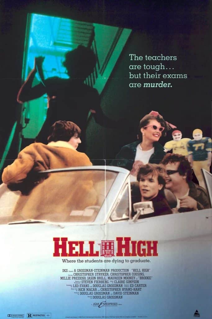 A movie poster for "Hell High" shows four teenagers in a convertible, with a shadowy figure wielding a weapon in the background. With eerie Color Out Of Space vibes, the tagline warns: "The teachers are tough... but their exams are murder.