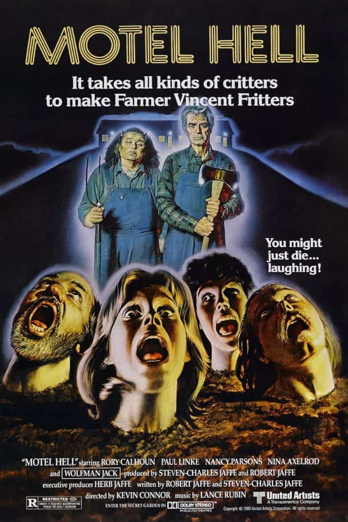 A vintage horror movie poster shows a man and woman with farming tools standing by a motel at night, illuminated by eerie hues reminiscent of Color Out Of Space. Below, three screaming heads emerge from the ground.