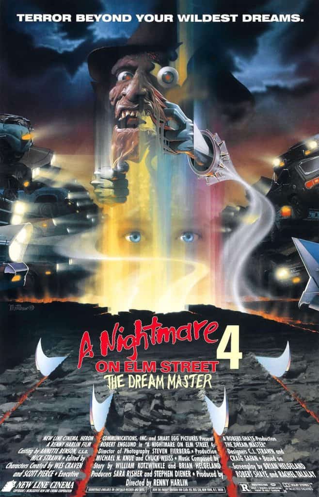 Movie poster for "A Nightmare on Elm Street 4: The Dream Master" showing Freddy Krueger’s face, glowing lights, eerie eyes, and ominous clouds looming above Elm Street, with the tagline, “Terror Beyond Your Wildest Dreams.”.