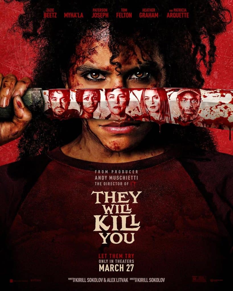A woman with blood on her face holds a bloody knife reflecting several people’s faces, evoking the chilling atmosphere of A Nightmare On Elm Street. The text reads "They Will Kill You," with cast names above and release date information below. The overall tone is dark and suspenseful, reminiscent of Elm Street 4: Dream Master.