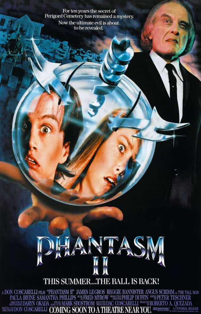 A horror movie poster shows two frightened faces inside a shattered silver sphere and a sinister older man in the background. The title “Phantasm II” is below with the tagline, “This summer... the ball is back!”.