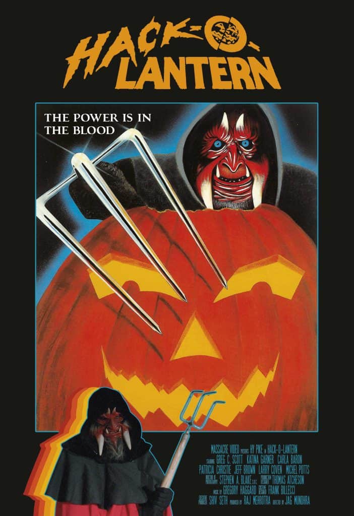 A person in a red demon mask and black cloak stands in front of a large glowing jack-o’-lantern, holding a pitchfork. The text “Hack-O-Lantern” looms above, with the chilling tagline: “The power is in the blood.”.