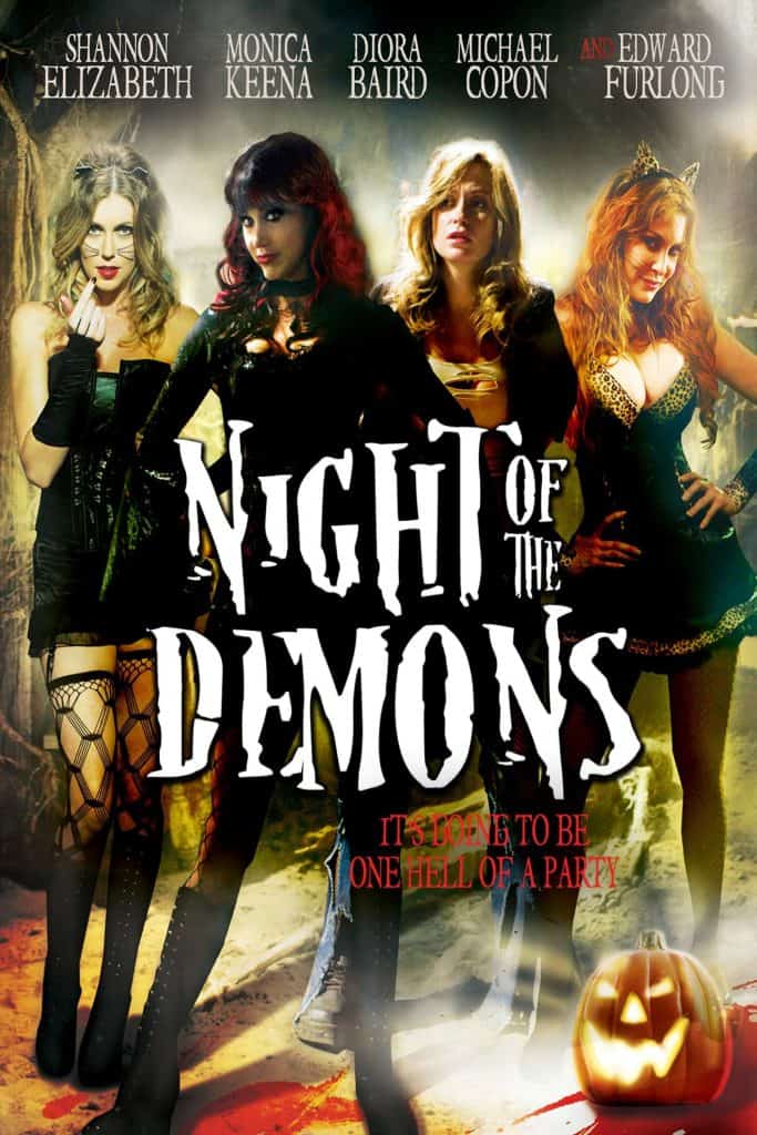 Four women in dark, Halloween-themed costumes stand in front of a foggy, spooky background with a jack-o’-lantern, evoking the chilling atmosphere of a classic horror film. The text reads, “Night of the Demons. It’s going to be one hell of a party.”.