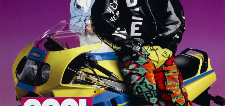 Movie poster for "Cool as Ice" featuring a man in a black jacket and colorful pants leaning on a yellow motorcycle. A woman in a white jacket stands beside him. Text includes "Vanilla Ice" at the top and "Cool As Ice" at the bottom.