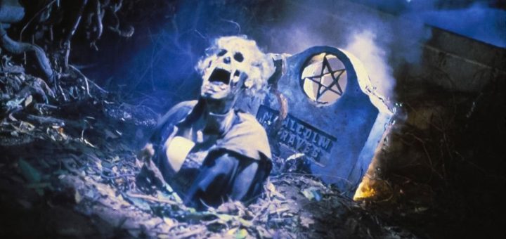 A skeletal figure emerges from a grave in a dimly lit, eerie graveyard. The tombstone behind features a pentagram. The scene is surrounded by twisted tree roots and blue-hued mist, creating a spooky atmosphere.